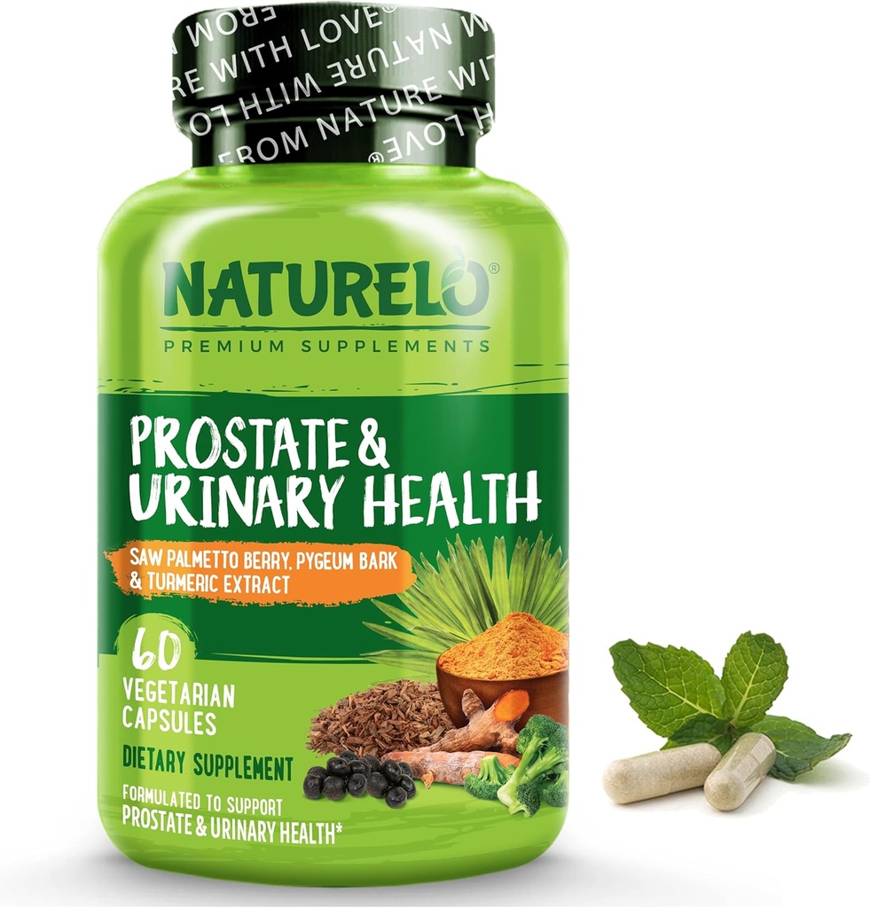NATURELO Prostate & Urinary Health, formule complète avec Saw Palmetto, Pygeum, Tumeric, Stérols végétaux, Brocoli et Lycopène, 60 capsules végétariennes
