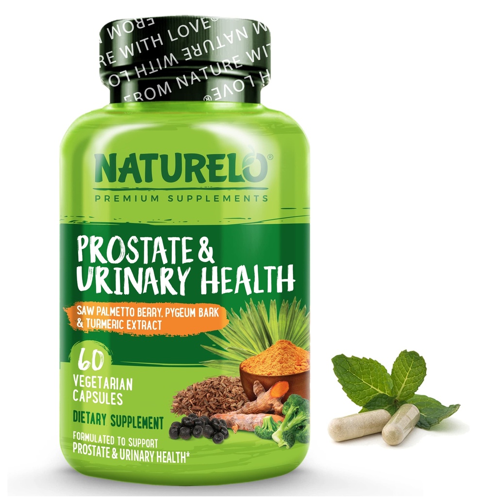 NATURELO Prostate & Urinary Health, formule complète avec Saw Palmetto, Pygeum, Tumeric, Stérols végétaux, Brocoli et Lycopène, 60 capsules végétariennes