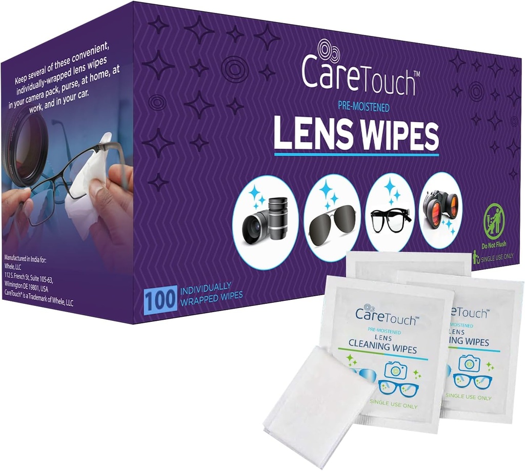 Wipes Care Touch Lens pour Lunettes de vue- 100 Nombre Individuellement enroulé Wipes pré-humidifié, 5 x 6 pouces- Lentille de caméra, Lunettes de soleil et verres plus propre,- doux et portable pour le nettoyage des appareils optiques