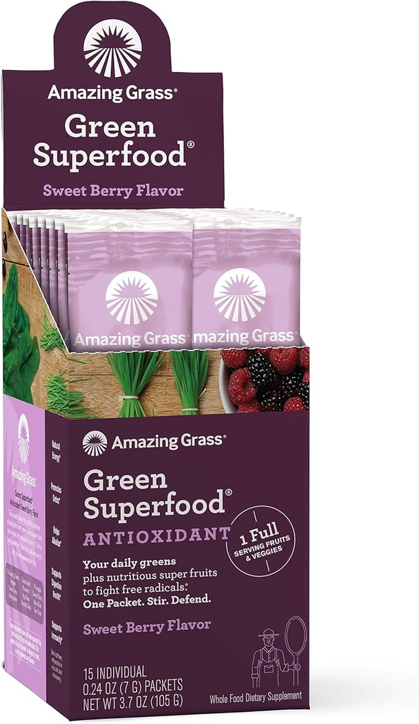 Amazing Grass Green Superfood Antioxydant: Super Greens Poudre avec Spiruline, Elderberry & Probiotiques, Sweet Berry, 15 portions