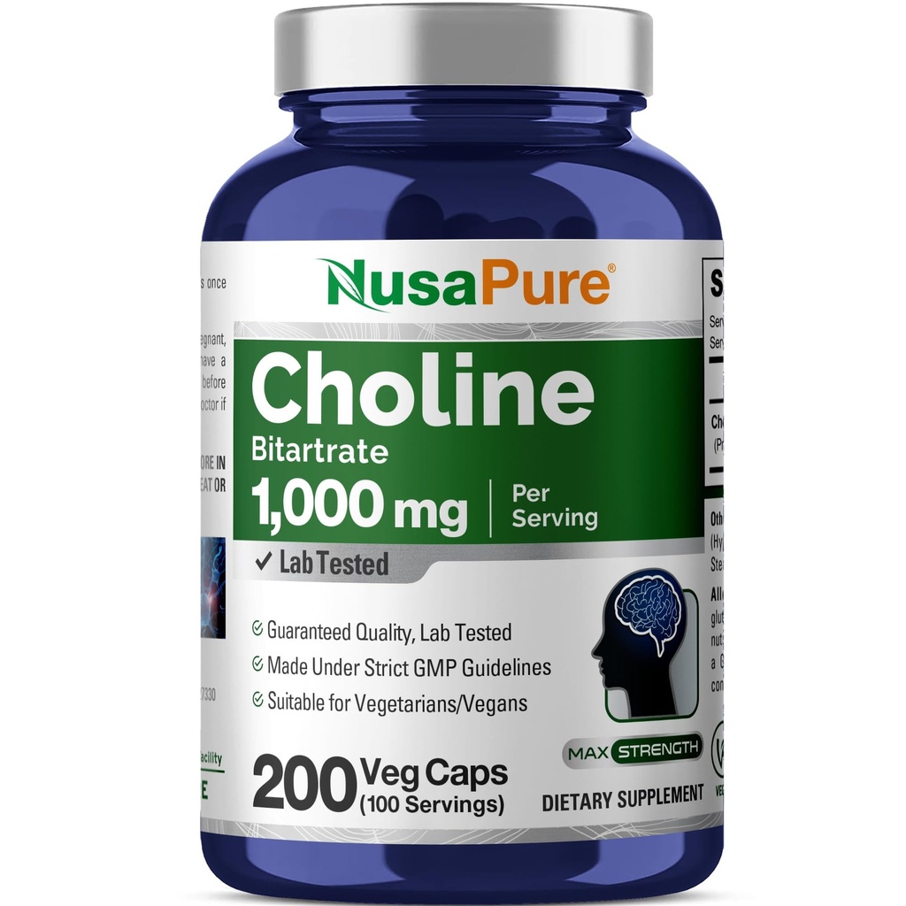 NusaPure Choline Bitartrate 1000 mg 200 Capsules de Véggie (Végétarien Végétarien, Non-OGM)
