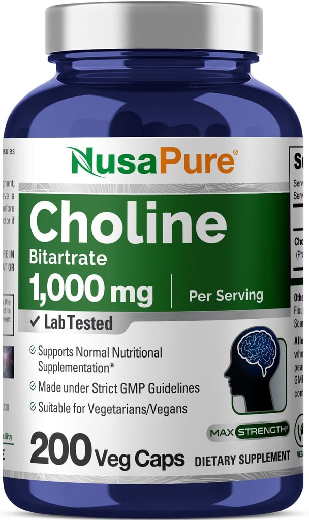 NusaPure Choline Bitartrate 1000 mg 200 Veggie Capsules (Vegan Vegetarian, Non-GMO)