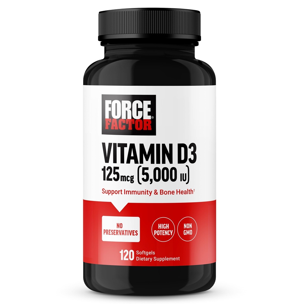 FACTEUR DE FORCE Vitamine D3 5000 UI Softgels, supplément de vitamine D à haut potentiel pour soutenir l'immunité et la santé osseuse, qualité supérieure, pas de conservateurs, 120 Softgels