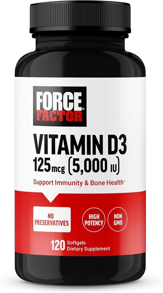 FACTEUR DE FORCE Vitamine D3 5000 UI Softgels, supplément de vitamine D à haut potentiel pour soutenir l'immunité et la santé osseuse, qualité supérieure, pas de conservateurs, 120 Softgels