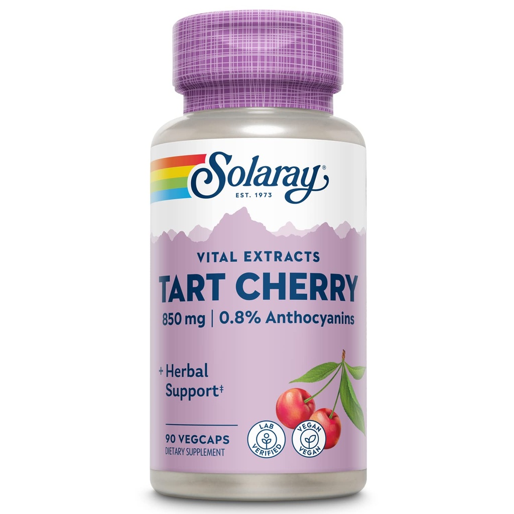 SOLARAY Tart Cerise Capsules 850mg de Tart Cerises - avec 0,8% Anthocyanines Plus Acide Ellagique - Wellness Support - Pratique Alternative au Tart Cerise Jus - Vegan, Garantie de 60 jours, 45 portions