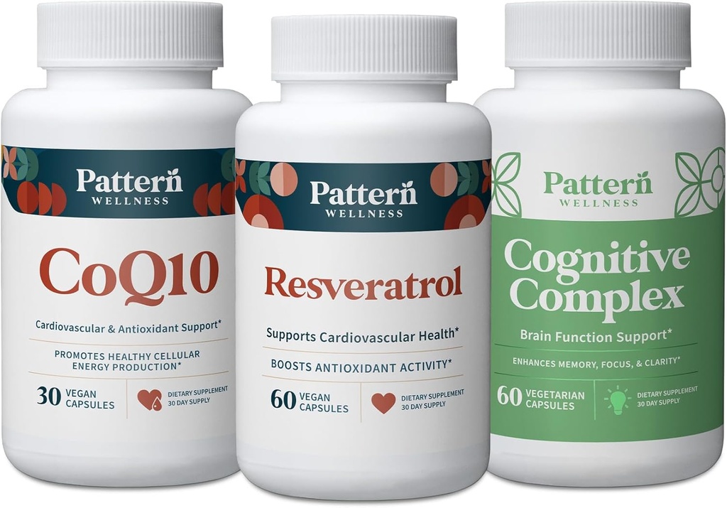 Pattern Wellness Healthy Aging Bundle - CoQ10, Resveratrol, Complexe cognitif - Promotion de la santé et du bien-être intemporels - 3 packs, formule entièrement naturelle et amie des végétaliens