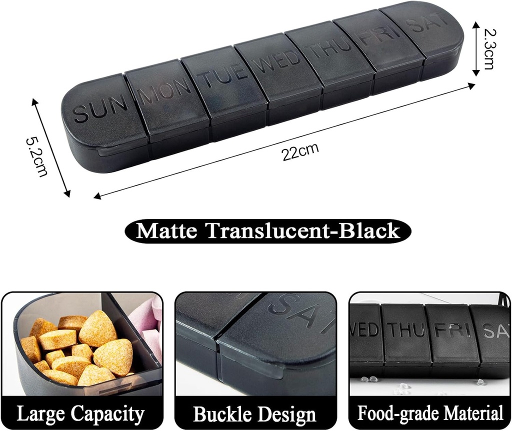 Organisateur de pilules Grand distributeur hebdomadaire de vitamines de 7 jours, noir mat, porte-boîte de médicaments de voyage pour médicaments, médicaments et minéraux, suppléments, huile de poisson, capsules, comprimés