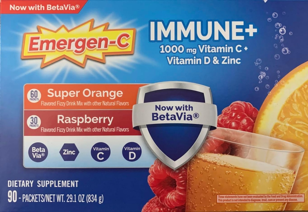 Emergen-C Immune+ 1000 mg Vitamine C + Vitamine D & Zinc, (Super Orange 60 Ct/ framboise 30Ct) 90 Packets