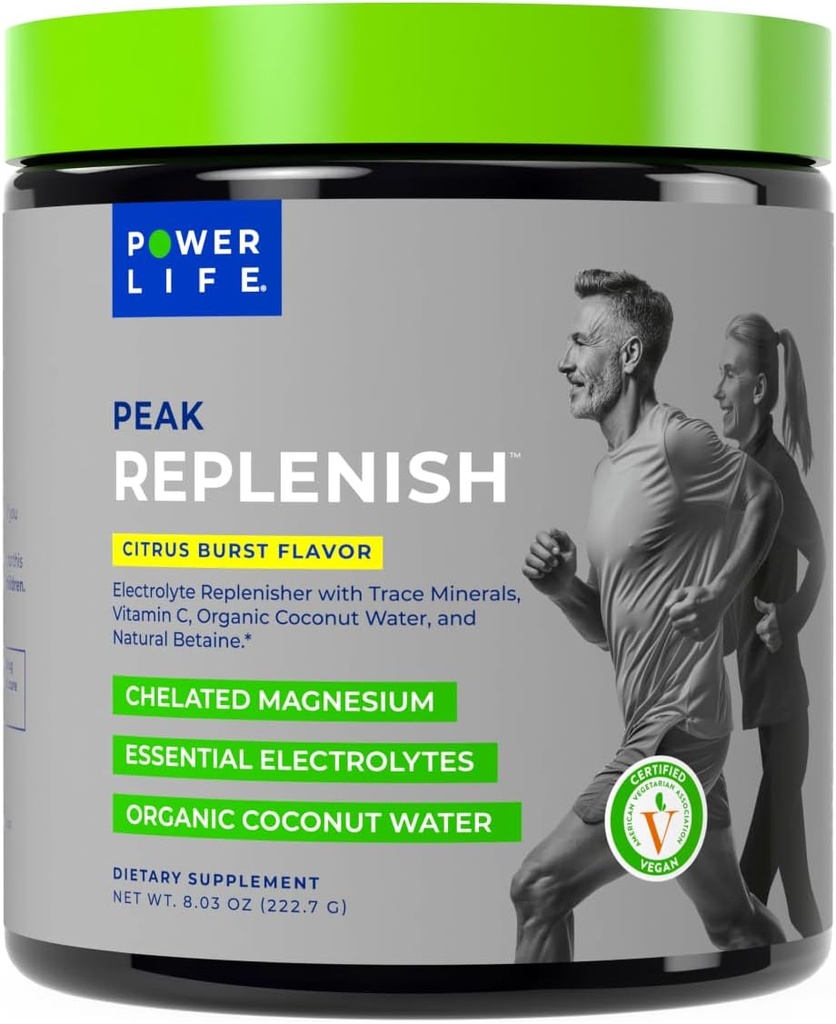 POWERLIFE Peak Replenish - Poudre d'électrolyte de magnésium à absorption élevée avec de l'eau de coco biologique et des minéraux traces, 30 portions