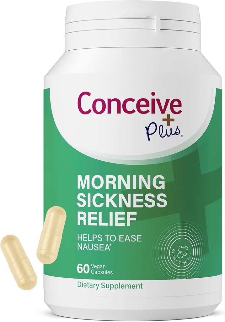Soulagement de la maladie du matin CONCEIVE PLUS - Poudre de gingembre séché pur - Soulagement de la nausée, du mouvement et du malaise de l'estomac pendant la grossesse - Essentiel pour attendre les mamans - Non-OGM - 60 Capsules Vegan