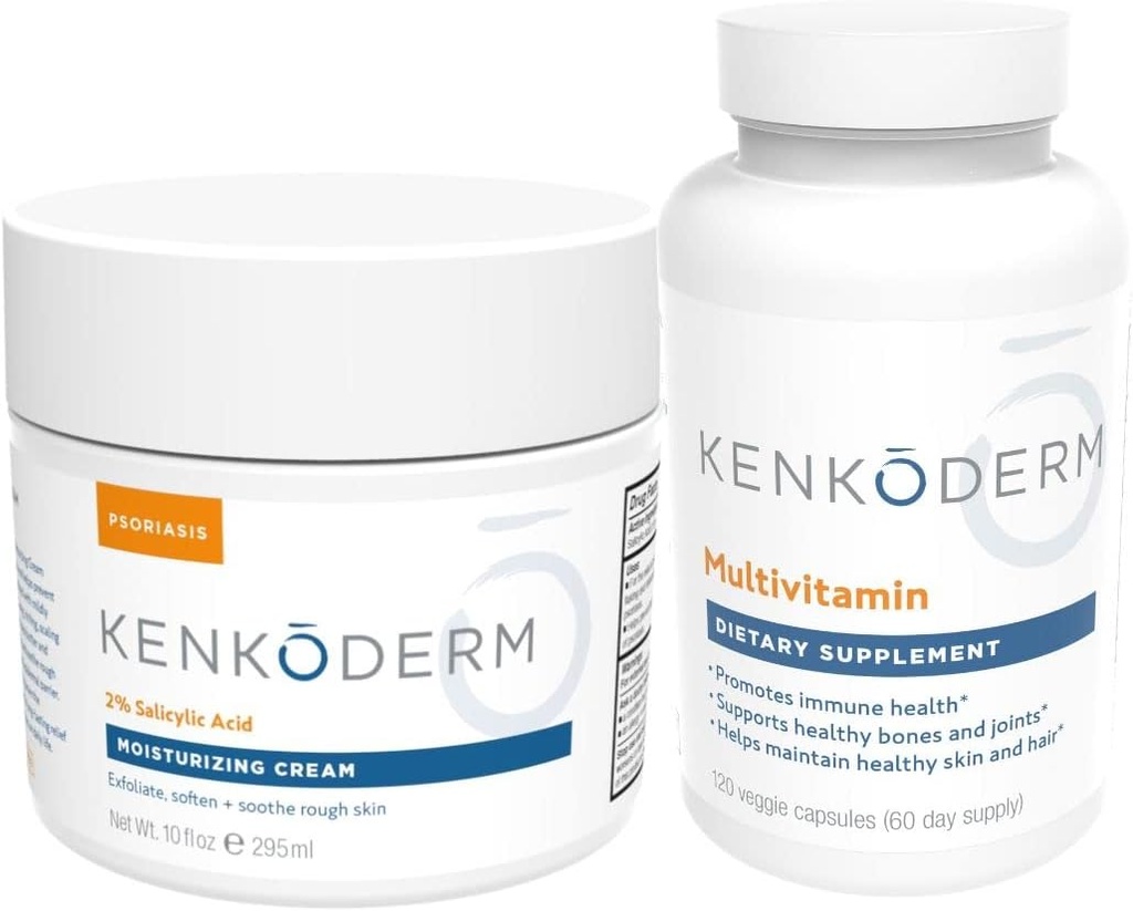 Kenkoderm Psoriasis crème hydratante et multivitamine soin de la peau, crème hydratante avec acide salicylique, 10 oz et multivitamine avec Omega 3 et vitamine D, supplément de soutien immunitaire, 120 capsules