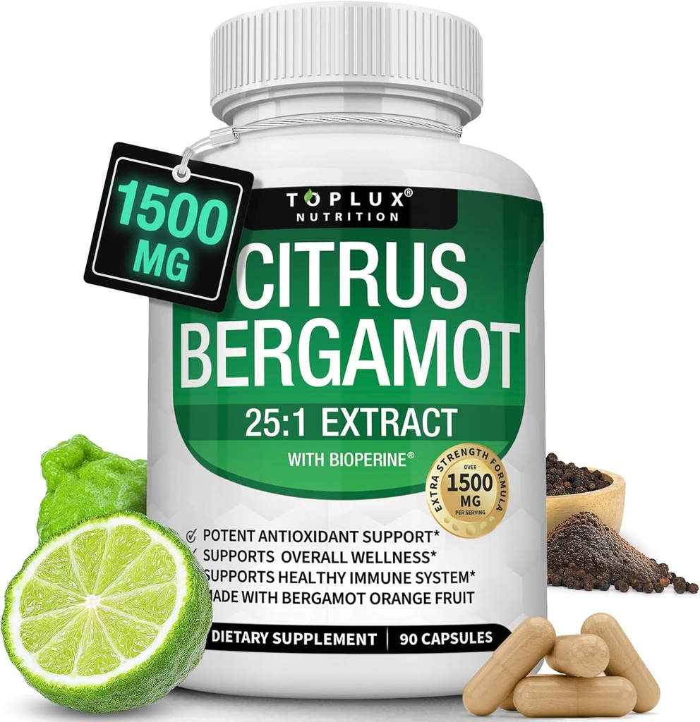 Citrus Bergamot Supplément 1500mg - 25:1 Bergamot Extrait pour soutenir la santé globale, système immunitaire, Potent Antioxydant Haute Absorption Vegan Naturel Non-OGM pour les hommes Femmes, 90 Capsules