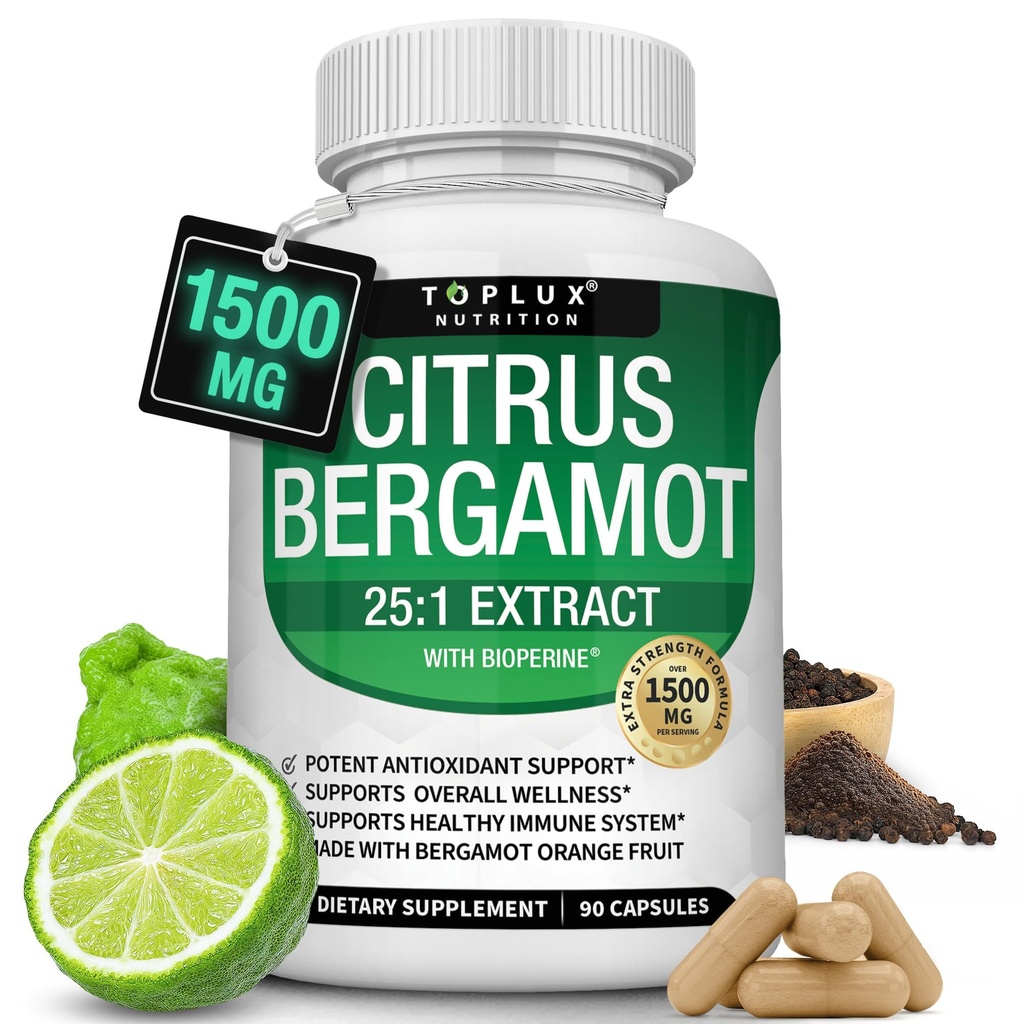 Citrus Bergamot Supplément 1500mg - 25:1 Bergamot Extrait pour soutenir la santé globale, système immunitaire, Potent Antioxydant Haute Absorption Vegan Naturel Non-OGM pour les hommes Femmes, 90 Capsules