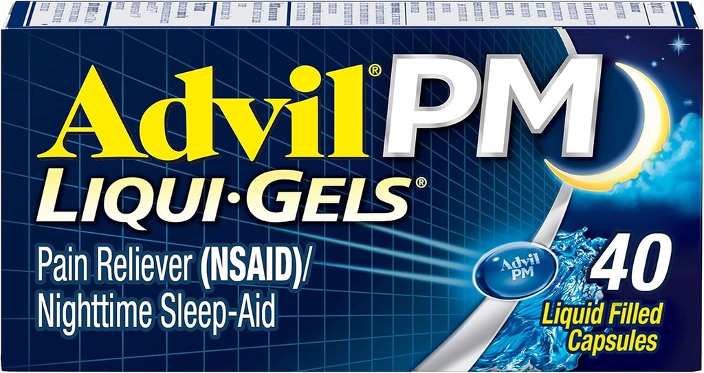 Advil PM Liqui-Gels analgésique et aide au sommeil de nuit, médecine de la douleur avec Ibuprofène pour le soulagement de la douleur et Diphenhydramine HCL pour un aide au sommeil - 40 capsules remplies de liquide - Retour au Collège