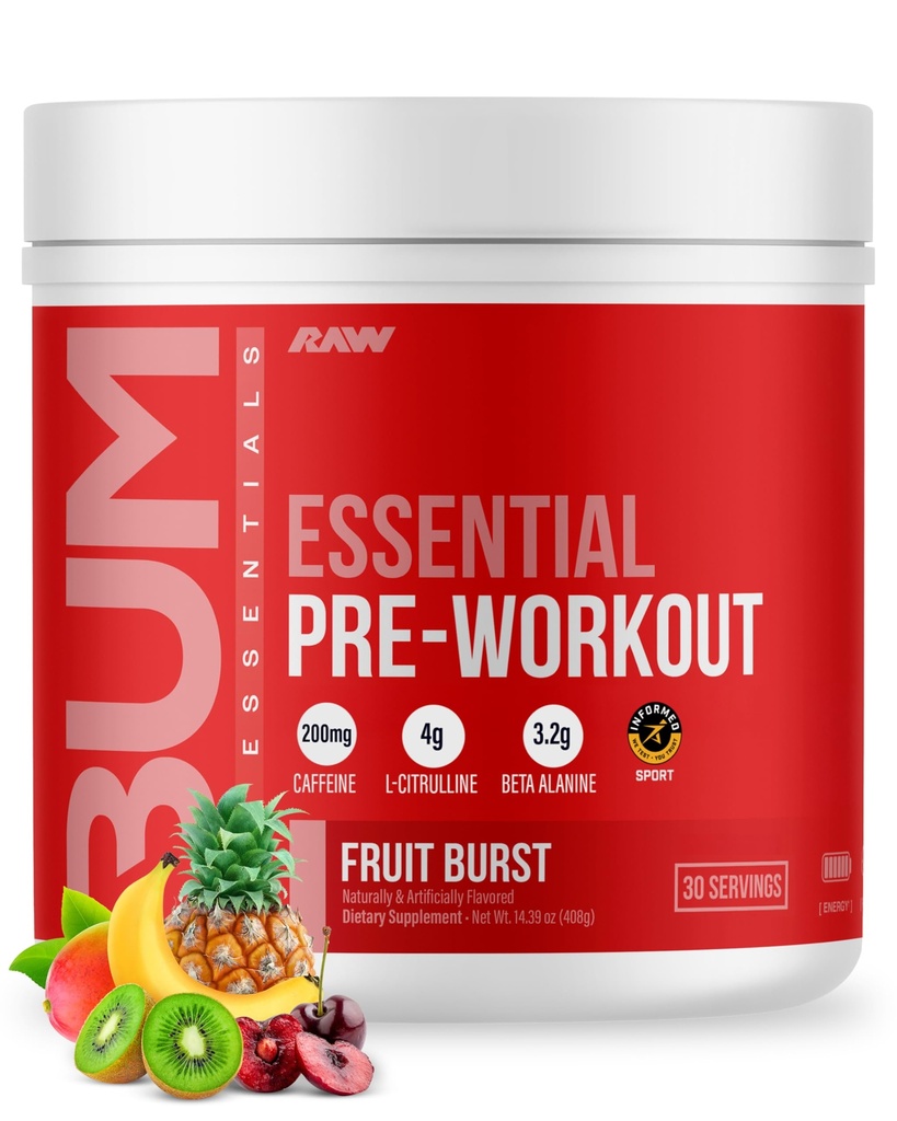 RAW Essential Pre-Workout Powder (Fruit Burst) - Chris Bumstead Sports Supplément nutritionnel pour les hommes et les femmes - Pré-entraînement Poudre d'énergie avec caféine, L-Citrulline, L-Tyrosine et Beta Alanine Blend
