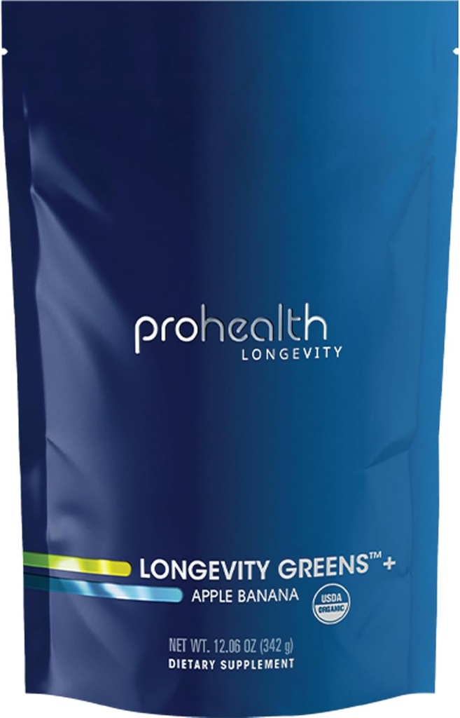 ProHealth Longevity Greens. Délicieux poudre biologique saine pour l'énergie et le vieillissement. Enzymes digestifs Gut Health, multivitamine, préprobiotiques, fibre d'avoine, inuline. Certifié GMP. 30 Services