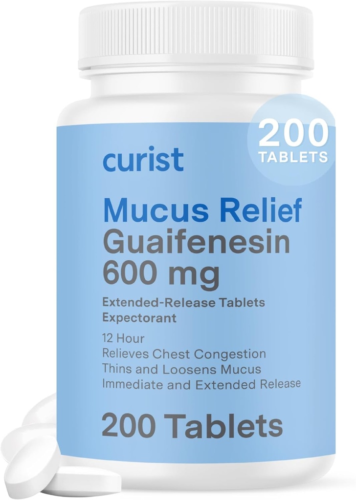 Curist Guaifenesin 600 mg Comprimés à libération prolongée (200 comprimés exempts de colorants) - Exectorant Mucus Relief, Guaifenesin 600 mg générique, (Bulk Pack)