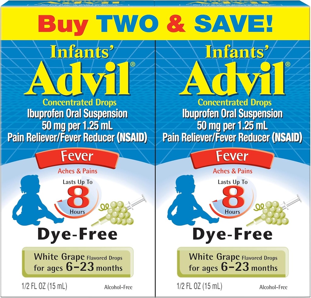 Réducteur de douleur liquide advil pour nourrissons et réducteur de fièvre infantile, Ibuprofène pour nourrissons Dye sans douleur et médicament contre la fièvre, Raisin blanc - 0,5 Fl Oz (2 pack)