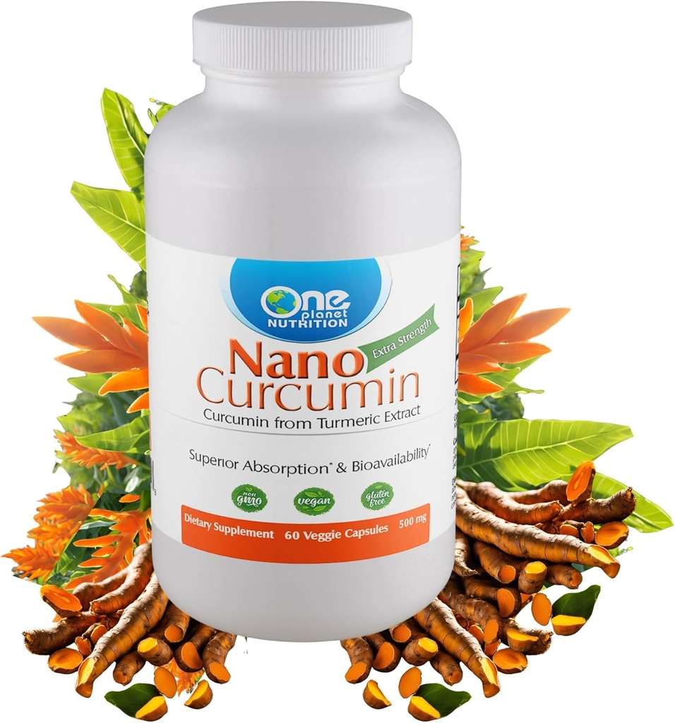 One Planet Nutrition Nano Curcumin 500 mg Veggie Capsules (60 Servings), Nano for High Absorption, Supports Overall Wellness, Non-GMO, Vegan, Gluten-Free