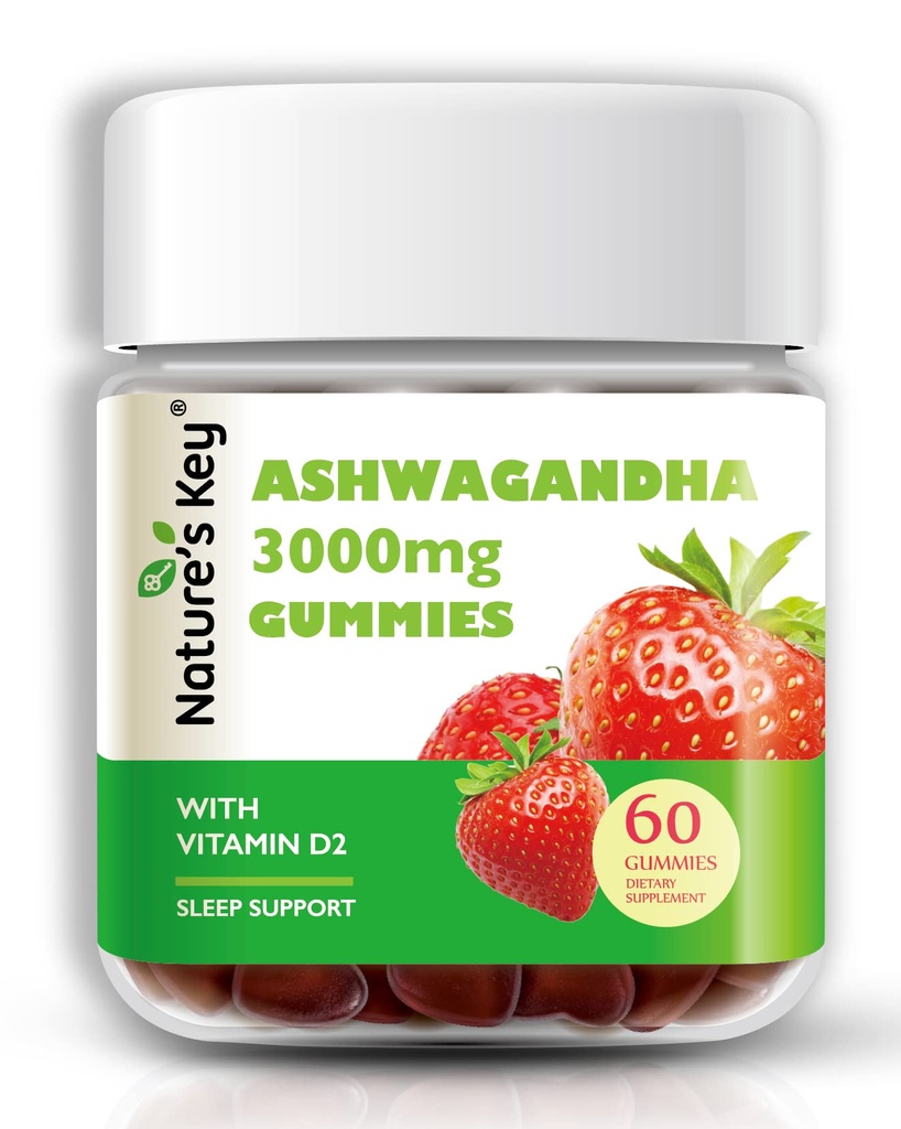 Nature's Key Ashwagandha Gummies, 3000mg Extrait de racine d'Ashwagandha de haute puissance avec vitamine D2, stress, humeur calme et cognition, pour les hommes et les femmes, goût de fraise (60 comte (paquet de 1)