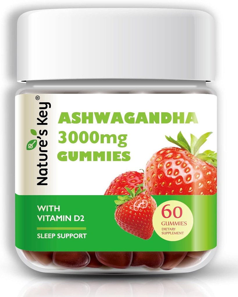 Nature's Key Ashwagandha Gummies, 3000mg Extrait de racine d'Ashwagandha de haute puissance avec vitamine D2, stress, humeur calme et cognition, pour les hommes et les femmes, goût de fraise (60 comte (paquet de 1)