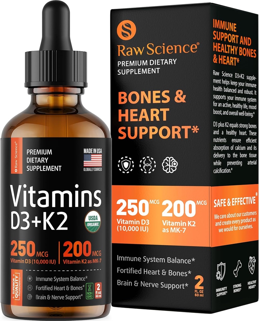 Vitamine liquide D3 K2 10000 iu & 200 mcg - Vitamine D avec MK7 Vitamine K2 gouttes - Densité osseuse et soutien cardiaque Vitamines liquides pour les femmes et les hommes, Vit haute absorption K2 D3 supplément vitamine - 2 fl oz