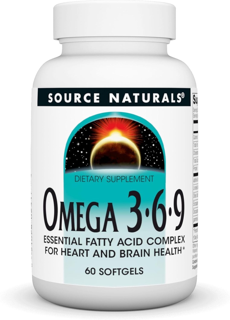 Source Naturals Omega 3-6-9, Complexe d'acide gras essentiel pour la santé du coeur et du cerveau* - 60 Softgels
