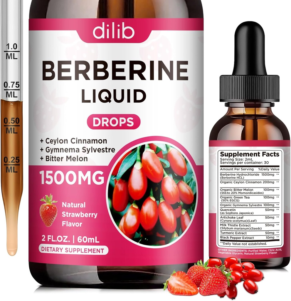 Berberine supplément gouttes liquides - Berberine HCL 1500mg avec Ceylan Cinnamon, Bitter Melon, Gymnema Sylvestre pour Immune, Système de digestion et santé cardiaque, Fraise naturelle aromatisée, 2 Fl Oz