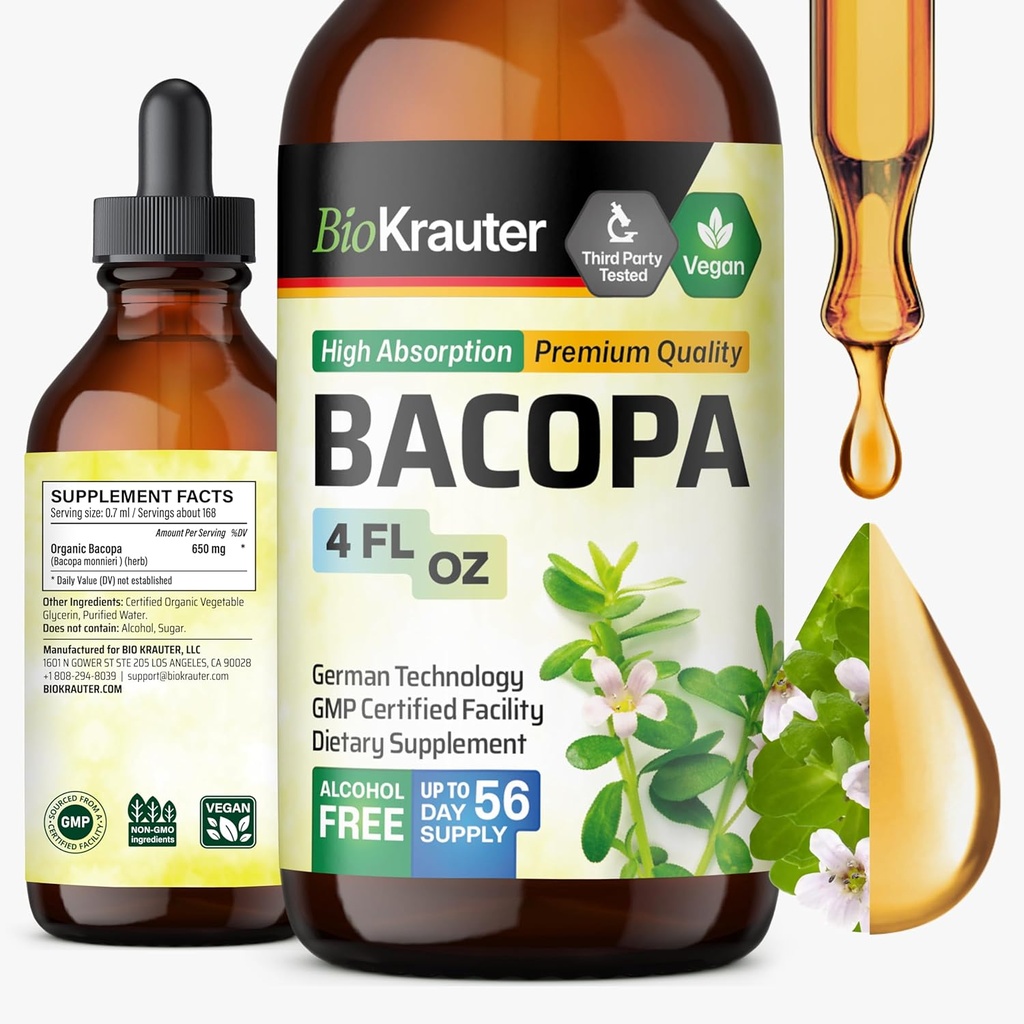 BIO KRAUTER Bacopa Monnieri Supplément liquide - Brahmi de soutien du cerveau - Sans alcool et sans sucre Bacopa liquide gouttes 4 Fl.Oz.