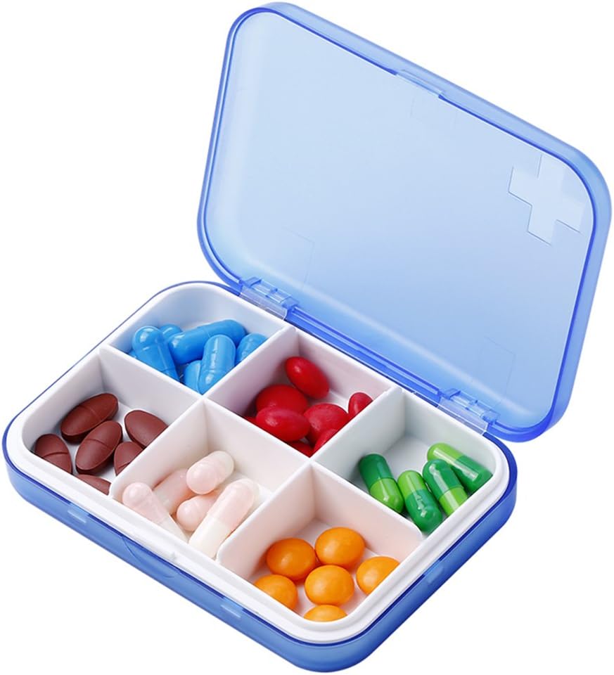Portable Pill Organizer - Boîte à pilules mince pour la poursuite ou le voyage, cas de pilule compacte(6 compartiment, bleu)
