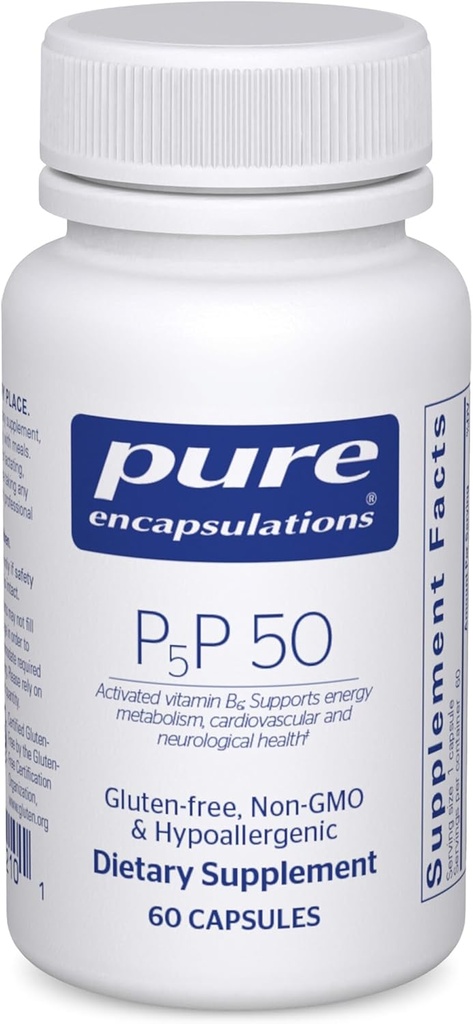 Encapsulations pures P5P 50 - Vitamine active B6 - Soutient le métabolisme énergétique et la santé du cerveau* - Sans gluten et sans OGM - 60 capsules