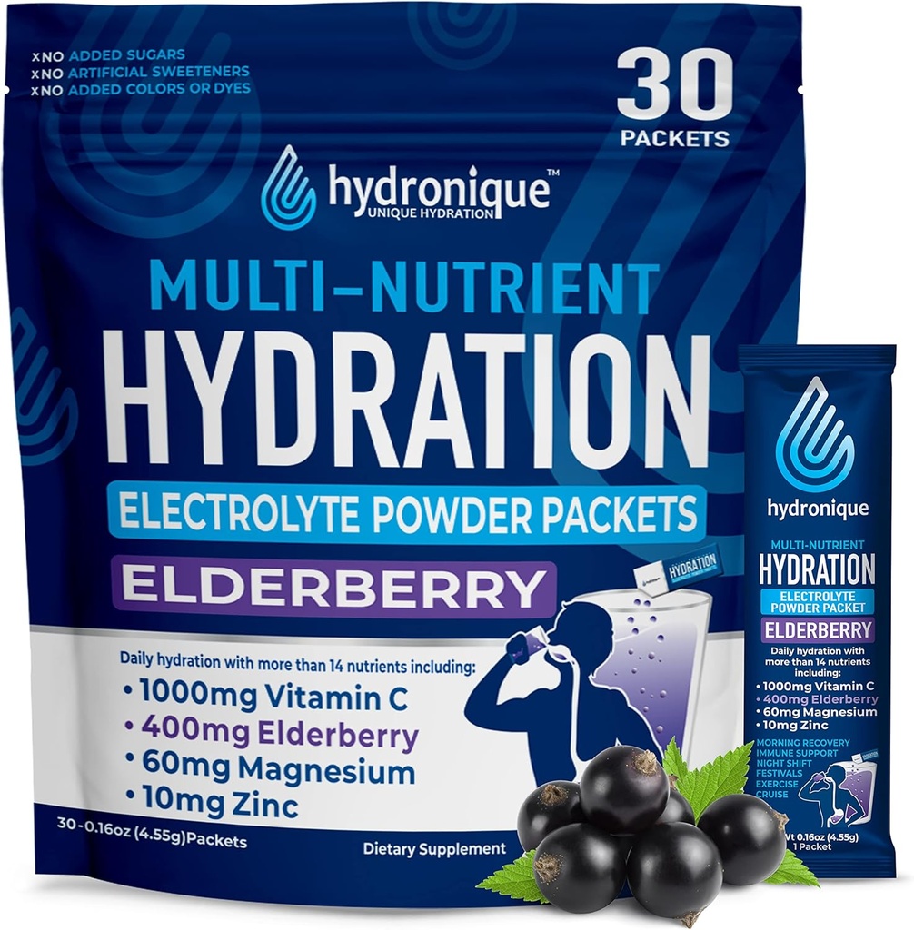 Hydronique Hydration Packets | Low Sodium Electrolytes Powder | 54mg Sodium | Vitamins, Minerals, Antioxidants | Elderberry Flavor (30 Packs)