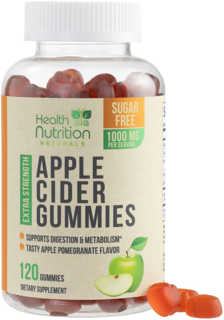 Gommies de vinaigre de cidre de pomme 1000mg - Max Strength Sans sucre Vitamines sans vinaigre de cidre de pomme, soutient le métabolisme et l'énergie, Keto Friendly, vitamine B12, sans gélatine, sans gluten, végétalien et non-OGM - 120 Gommies