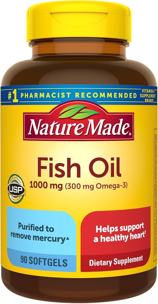 Huile de poisson de nature Omega 3 suppléments, 1000 mg de softgels, Omega 3 huile de poisson pour un soutien cardiaque sain, 90 softgels, 45 jours d'approvisionnement