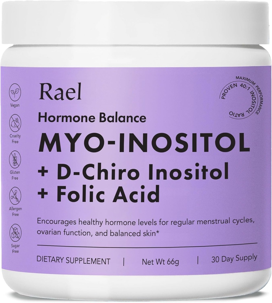 Rael Hormone Balance pour les femmes, supplément en poudre d'inositol - soutien de la fonction ovarienne, vitamine B8, 40:1 rapport prouvé, acide folique, végétalien (30 portions)
