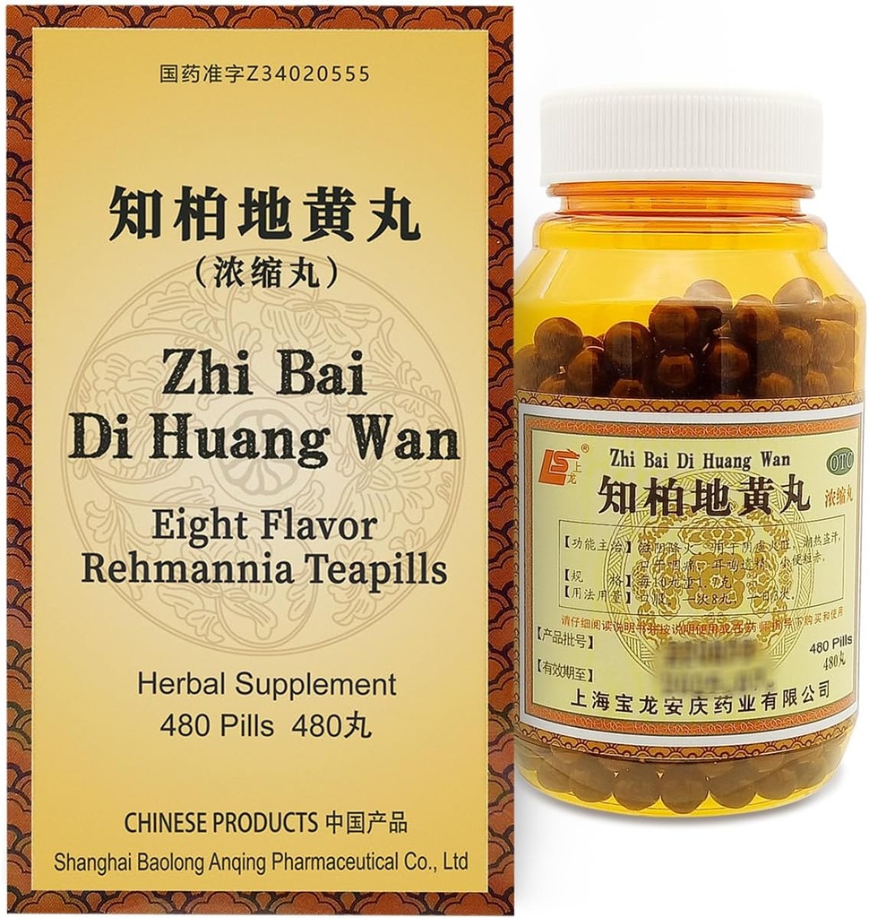 Supplément à base de plantes de Zhi-Bai Di-Huang Wan 480 pilules (60 portions, taille de l'économie) - Formule chinoise à base de plantes huit flavor Rehmannia pour Yin Nourishment