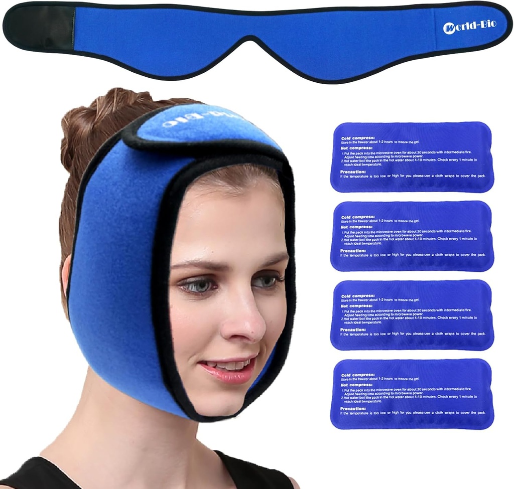 Face Ice Pack Wrap for TMJ, Wisdom Teeth, WORLD-BIO Jaw Wrap with 4 Reusable Hot Cold Therapy Gel Packs for Head, Chin, Oral and Facial Surgery, Pain Relief for Swelling, Injuries, Dental Implants