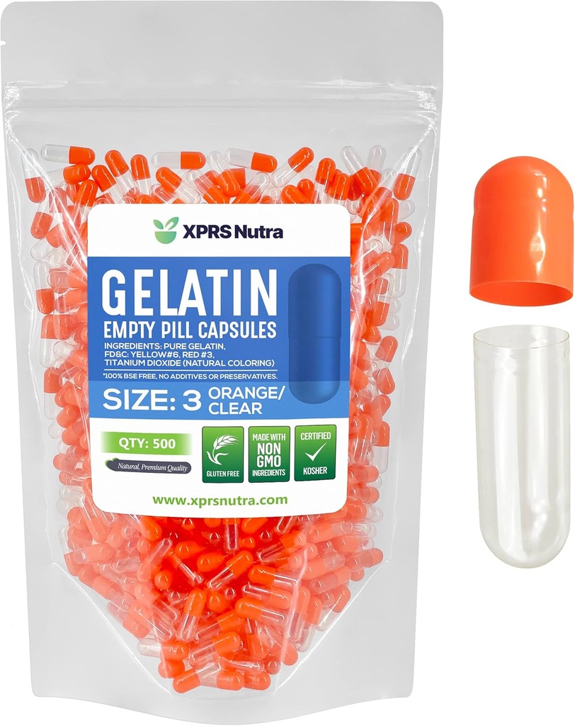 XPRS Nutra Taille 3 Capsules vides - 500 Compte Capsules de gélatine vides - Pills Bricolage Capsule Remplissage - Gel de pilules pures Bovines Caps remplissables Do-It-Youlf Vitamines et suppléments (Orange/Clear)