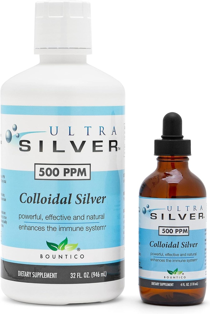 Ultra Silver® Colloidal Silver | 500 PPM, 32 Oz (946mL) | Mineral Supplement | True Colloidal Silver - 4 oz Dropper Bottle (Empty) Included for Dispensing!
