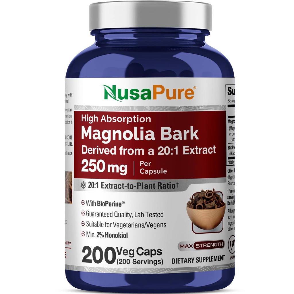 NusaPure Magnolia Bark 20:1 Extrait, 250 mg équivalent à 5 000 mg 200 Capsules Végétariennes Vegan Non-OGM