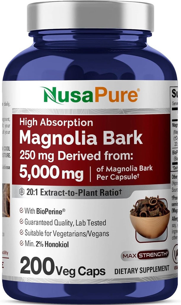 NusaPure Magnolia Bark 20:1 Extrait, 250 mg équivalent à 5 000 mg 200 Capsules Végétariennes Vegan Non-OGM