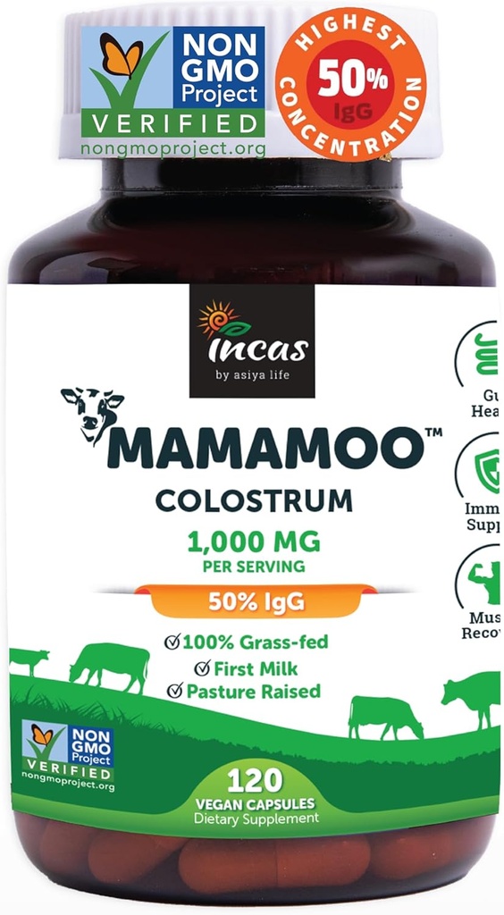 Poudre de colostrum MamaMooTM >50% IgG, herbe Fed, premier colostrum non-OGM vérifié, Gut Health Bloating Immunity Peau & Cheveux, contient 400+ nutriments bioactifs, laboratoire tiers testé (120 capsules)