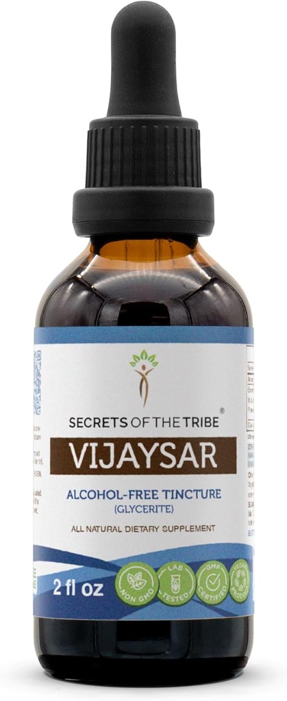 Secrets de la tribu Vijaysar Tecture Extrait sans alcool, gouttes d'herbes à haute puissance, Teinture faite de Vijaysar Indien Kino, Pterocarpus Marsupium 2 oz