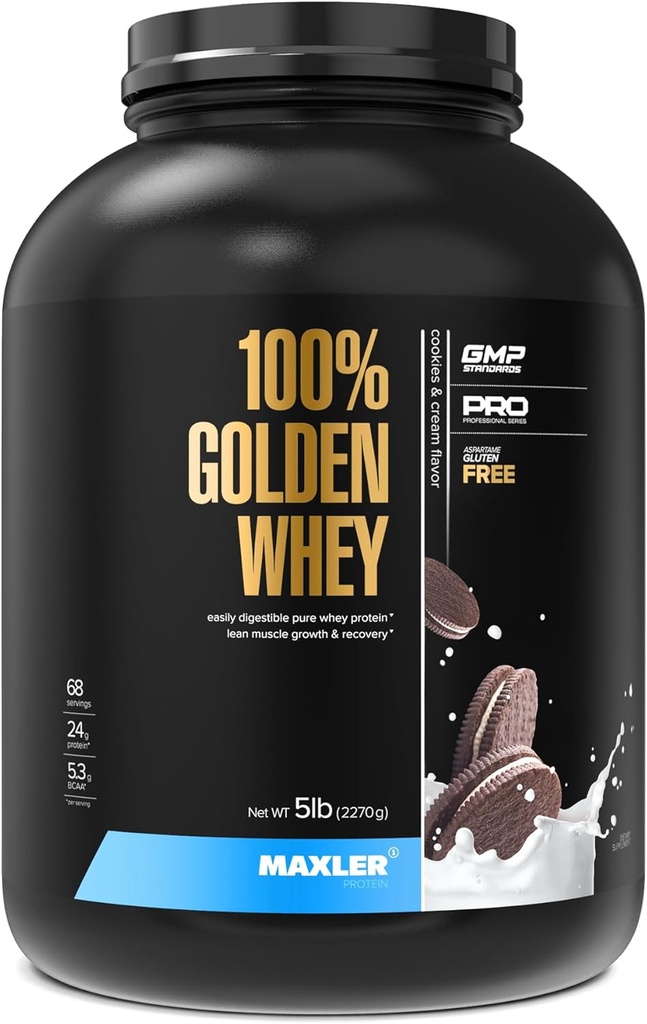 Maxler 100% Golden Whey Protein - 24g de protéines par portion - Premium Whey Protein Poudre pour pré-entraînement - Fast-Absorbing Whey Concentrate, Isolate & Hydrolysate Blend - Cookies et Crème 5 lb