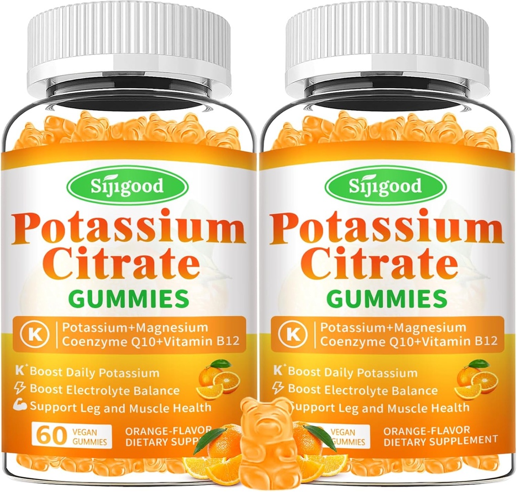 Gummées de citrate de potassium de 2 paquets – supplément de potassium de haute puissance pour la santé musculaire, soulagement de la crampe des jambes, équilibre électrolytique – végétalien, non-OGM, sans gluten, saveur orange, 120 comte