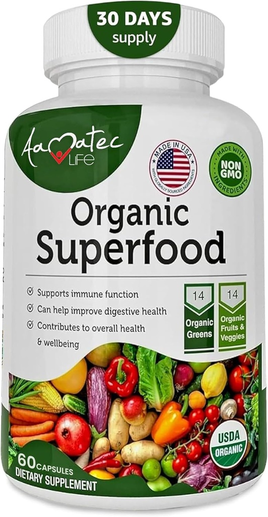 Complexe de fruits et légumes bio Superfood Greens - Supplément alimentaire avec 14 verts et 14 fruits et légumes avec Alfalfa Riche en ingrédients organiques antioxydants Non-OGM 60 Capsules