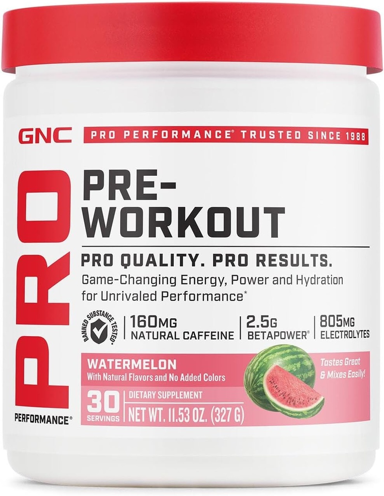 GNC Pro Performance Pre Workout poudre pour hommes et femmes, énergie, hydratation et focus, sans sucre, sans gluten, supplément de performance, pastèque, 30 portions