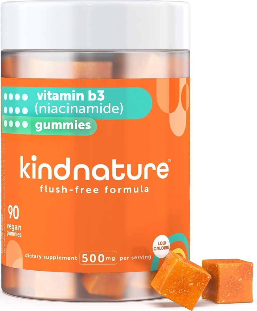 kindnature Vitamine B3 Gommies de niacine - Supplément de 500mg sans flush Niacinamide - Végétalien, Non-OGM, Basse-Calorie, Sans gluten, Sans soja, 3e laboratoire party testé - 1 mois d'approvisionnement, 90 Gommies à croquer