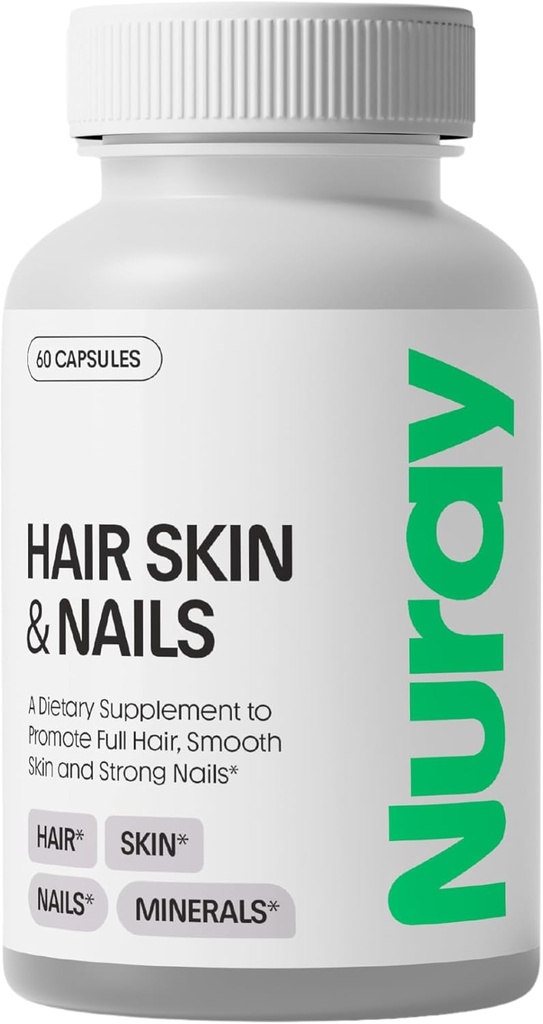 Nuray Vitamines des cheveux, de la peau et des ongles – Biotine, collagène et acide hyaluronique – Supplément avancé de croissance des cheveux – favorise la beauté, le rayonnement cutané et la force des ongles – avec complexe de vitamine B – 60 capsules