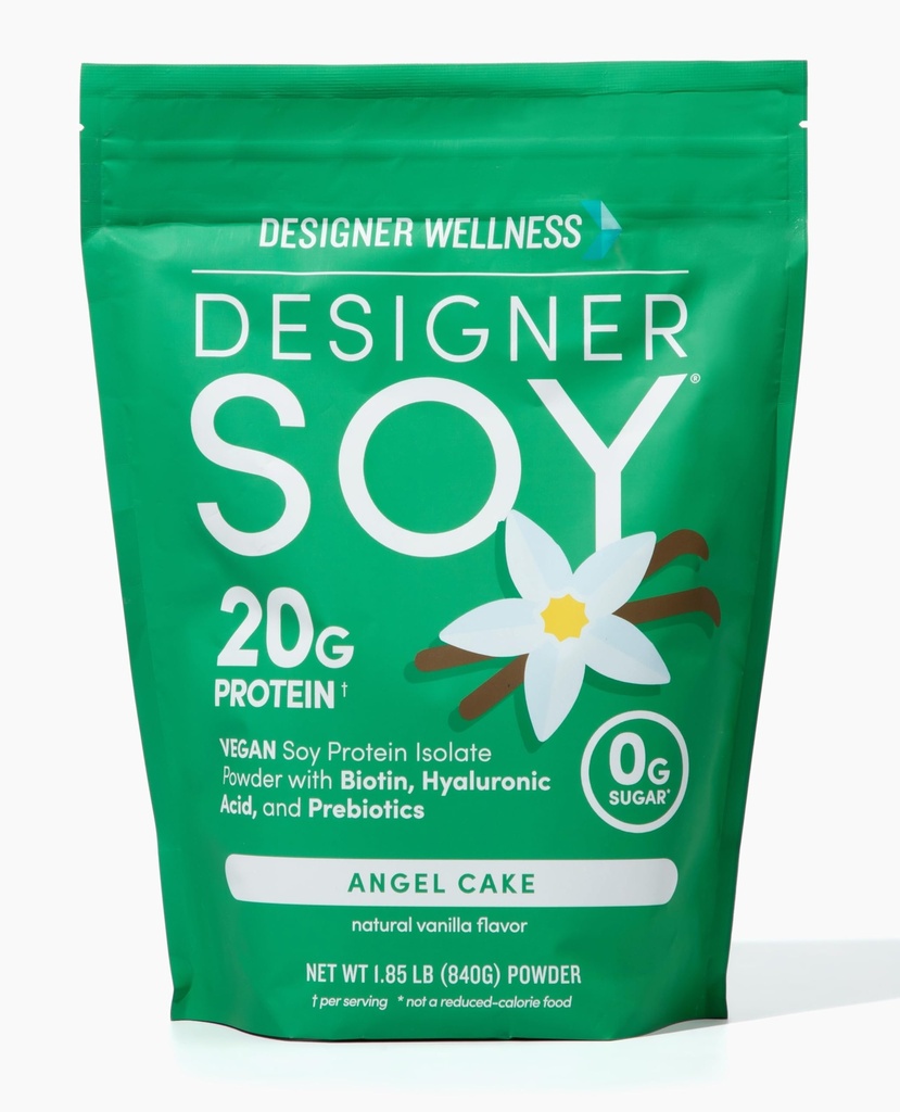 Designer Wellness, Poudre de protéines isolate de soja avec biotine, acide hyaluronique, et prébiotiques, végétalien, 0 sucre, non-OGM, vanille de gâteau d'ange, 1,87 lb